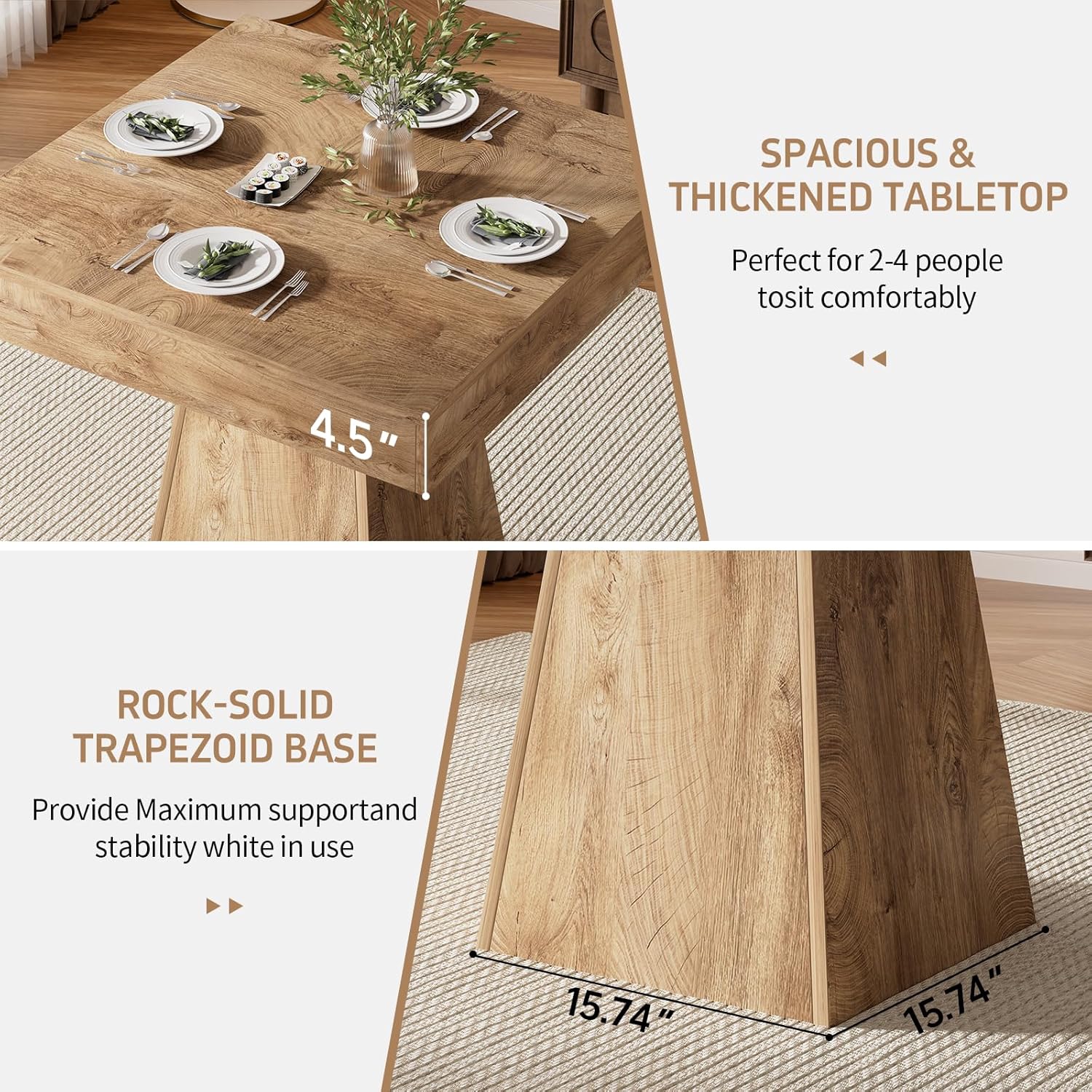 Square Dining Table, 31.5-inch Dinner Table for 2-4 People, Kitchen Table with Load-Bearing Trapezoidal Base, for Home, Dining Room, Small Space, Brown
