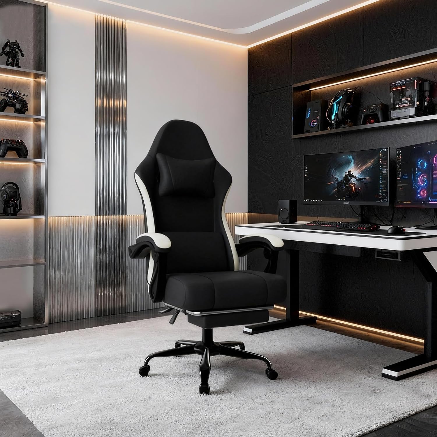Gaming Chair, High Back Fabric Computer Chair with Pocketed Spring Cushion and Footrest, Height Adjustable Game Chair with Headrest and Lumbar Support (Beige & Black)