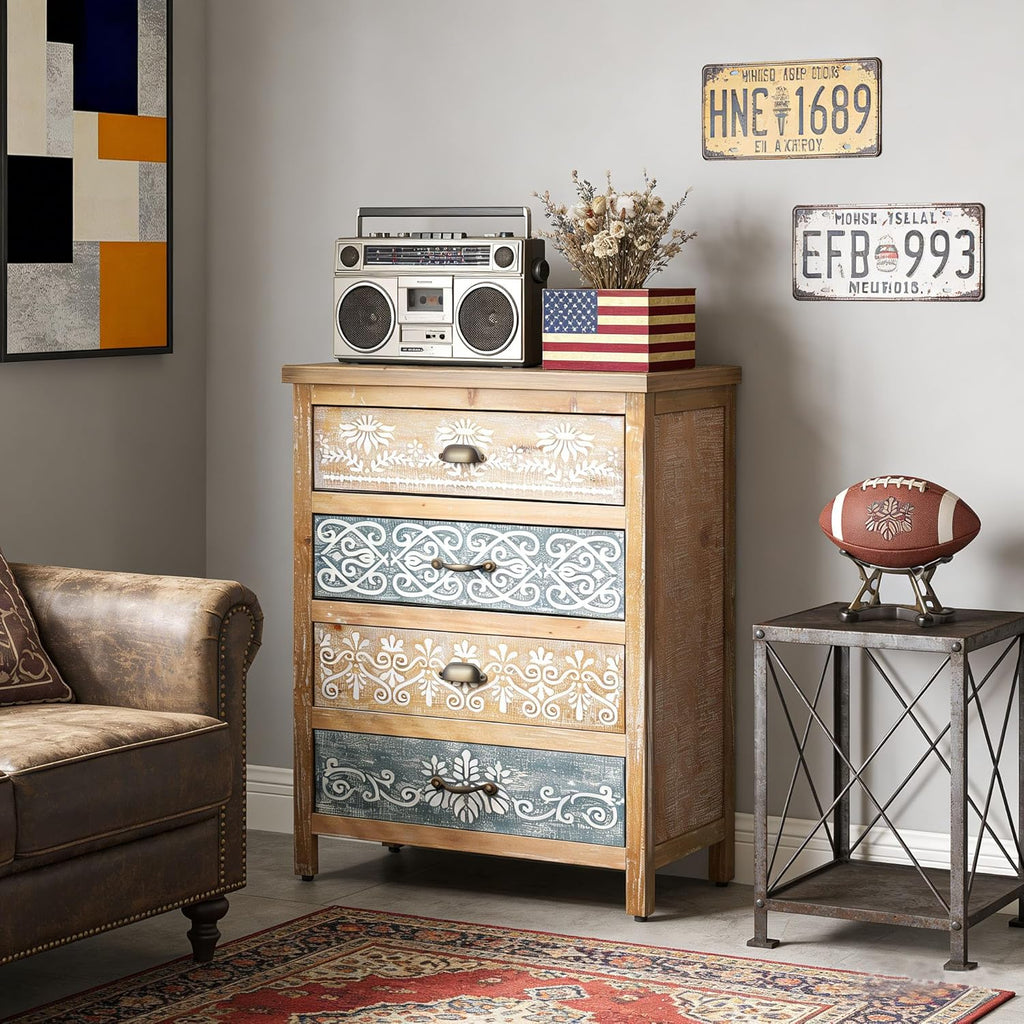 Boho Small Accent Cabinet with Hand-Painted Floral Drawers | Rustic Wood Storage Cabinet with 4 Drawers | Decorative Entryway Cabinet for Living Room, Dining Room, Kitchen | Solid Fir Wood Frame
