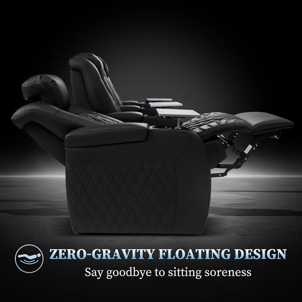 PBRO Home Theater Seating Genuine Leather Recliner Chair, Power Reclining & Headrest, USB A/C Charging Ports, Tray Table, Cup Holder Ambient Lighting Black Row of 4
