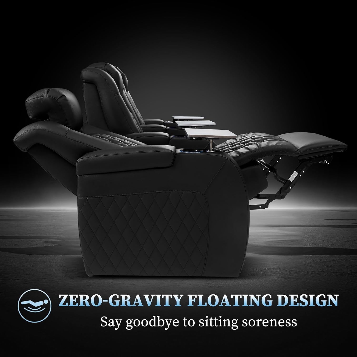 PBRO Home Theater Seating Genuine Leather Recliner Chair, Power Reclining & Headrest, USB A/C Charging Ports, Tray Table, Cup Holder Ambient Lighting Black Row of 4