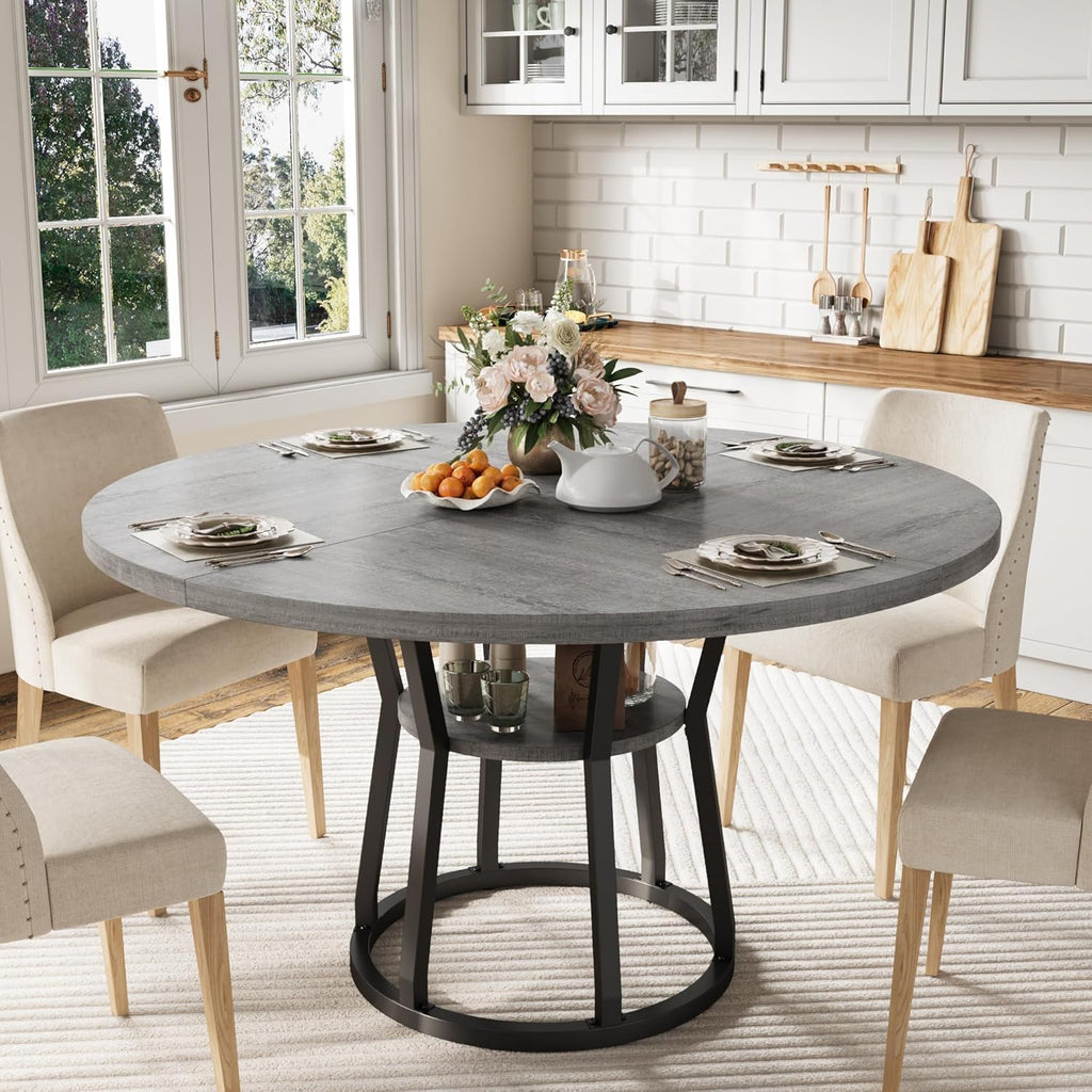 GarveeHome 47 in Inch Round Dining Table for 4, Farmhouse Dining Room Circle Dinner Table,Space Saving Wood Kitchen & Dining Room Furniture, Round Tables with Storage and Metal Legs, Grey (Only Table)