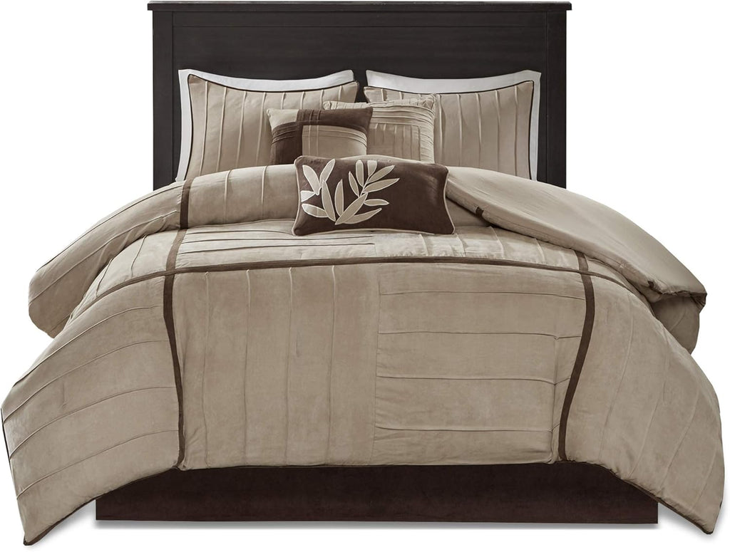 Madison Park Cozy Comforter Set Casual Blocks Design All Season, Matching Bed Skirt, Decorative Pillows, King(104"x92"), Dune Suede, Beige Brown, 7 Piece