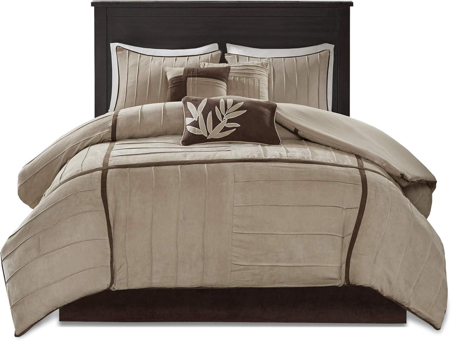 Madison Park Cozy Comforter Set Casual Blocks Design All Season, Matching Bed Skirt, Decorative Pillows, King(104"x92"), Dune Suede, Beige Brown, 7 Piece