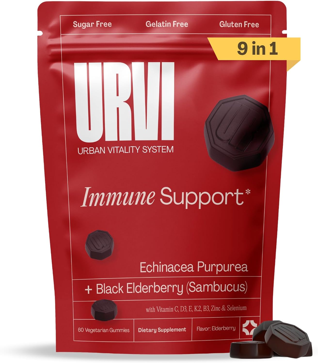 URVI® Immune Support Gummies 9-in-1 - Echinacea, Elderberry, Vitamin C, D3 K2, E, Niacin, Zinc & Selenium - Multivitamin, Antioxidants, Immunity Supplement - Vegetarian & Sugar Free - 60 Count