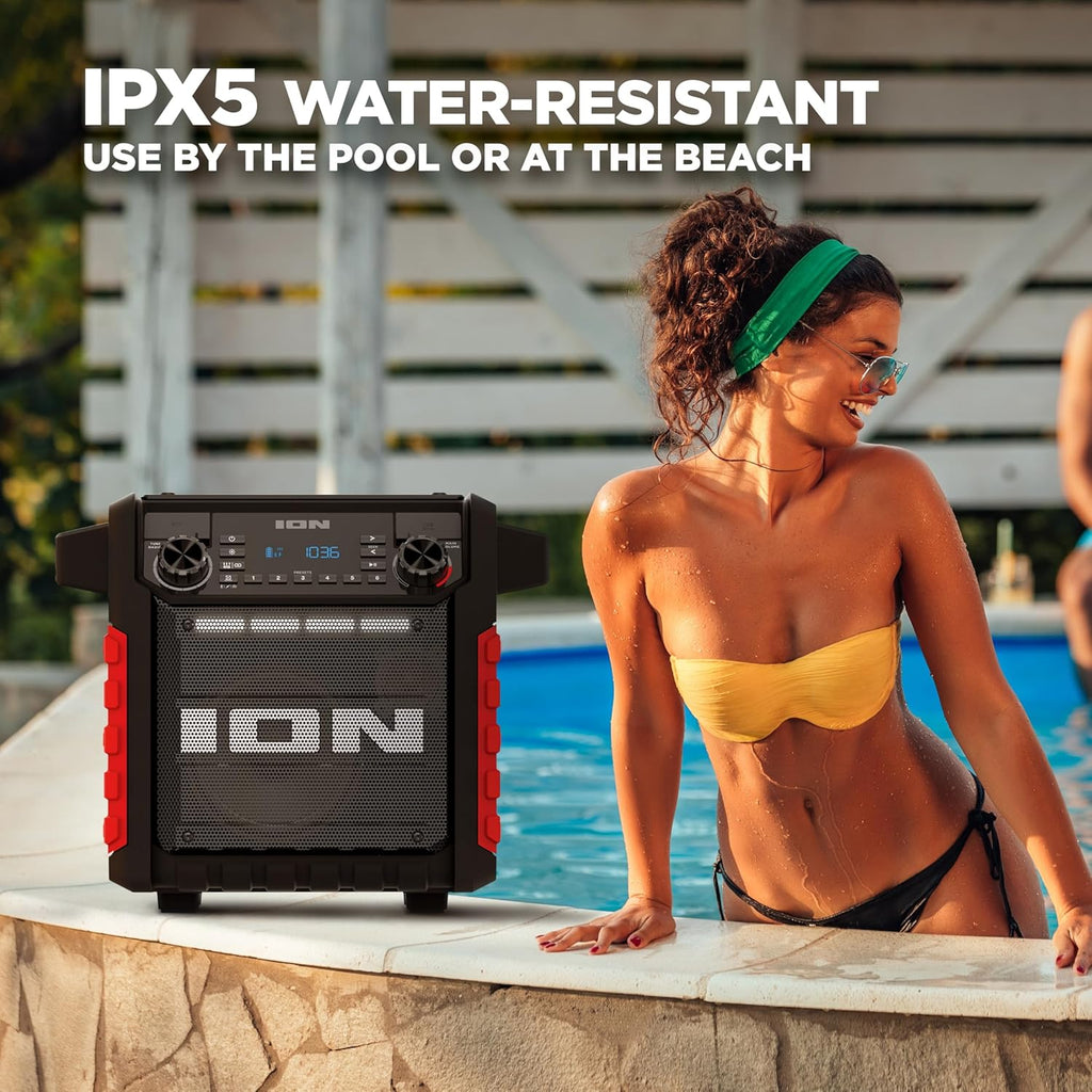 ION Tailgater Classic Outdoor Portable Bluetooth Speaker with Rechargeable Battery, FM Radio, USB Port, IPX5 Water-Resistant, 6.5" Woofer, App, Red