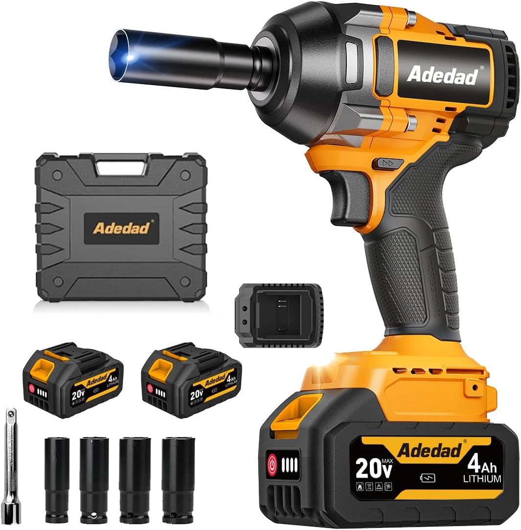1000N.m Cordless Impact Wrench 1/2 inch,20V 740ft-lbs High Torque Impact Gun with 2 x 4.0 AH Batteries,Sockets and Case,Brushless Power Impact Driver for Automotive and Heavy Duty Use