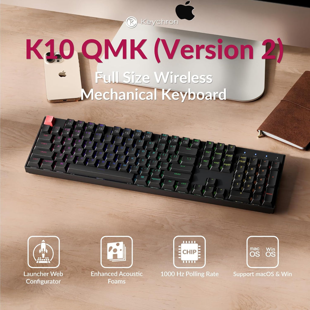 Keychron K10 Full-Size Layout QMK Wireless Mechanical Keyboard, Bluetooth/Wired Hot-Swappable Gaming Keyboard with Keychron Super Brown Switch, RGB Backlight, PBT Keycaps for Mac/Windows-Version 2