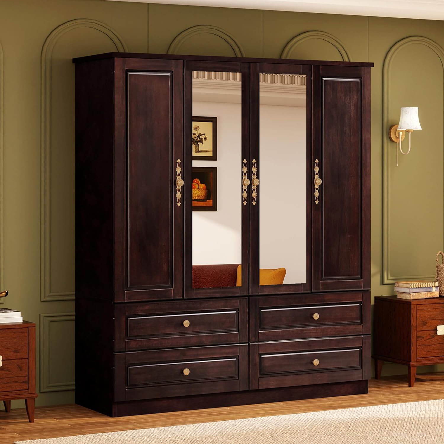 Solid Wood Armoire Wardrobe Closet: 70.87"Large Wardrobe Cabinet Storage,Clothes Organizer with Mirror,Doors,Shelves,Hanging Rods and Drawers,American Style Freestanding Bedroom Brown Black Finish