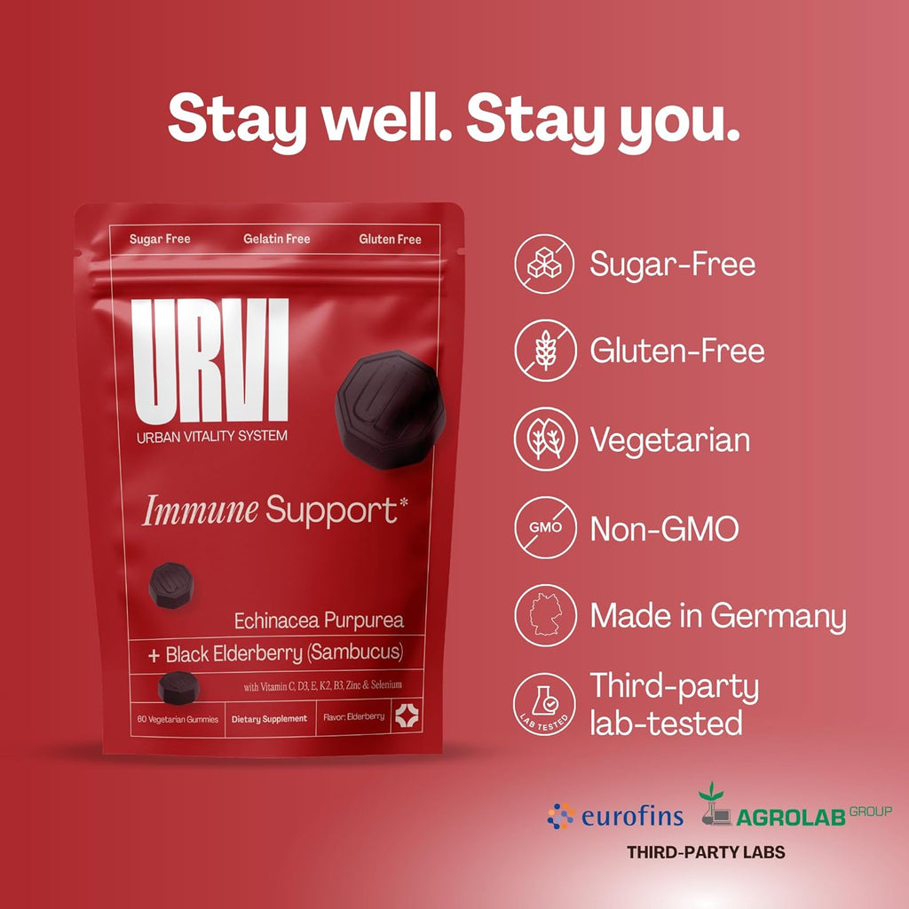 URVI® Immune Support Gummies 9-in-1 - Echinacea, Elderberry, Vitamin C, D3 K2, E, Niacin, Zinc & Selenium - Multivitamin, Antioxidants, Immunity Supplement - Vegetarian & Sugar Free - 60 Count