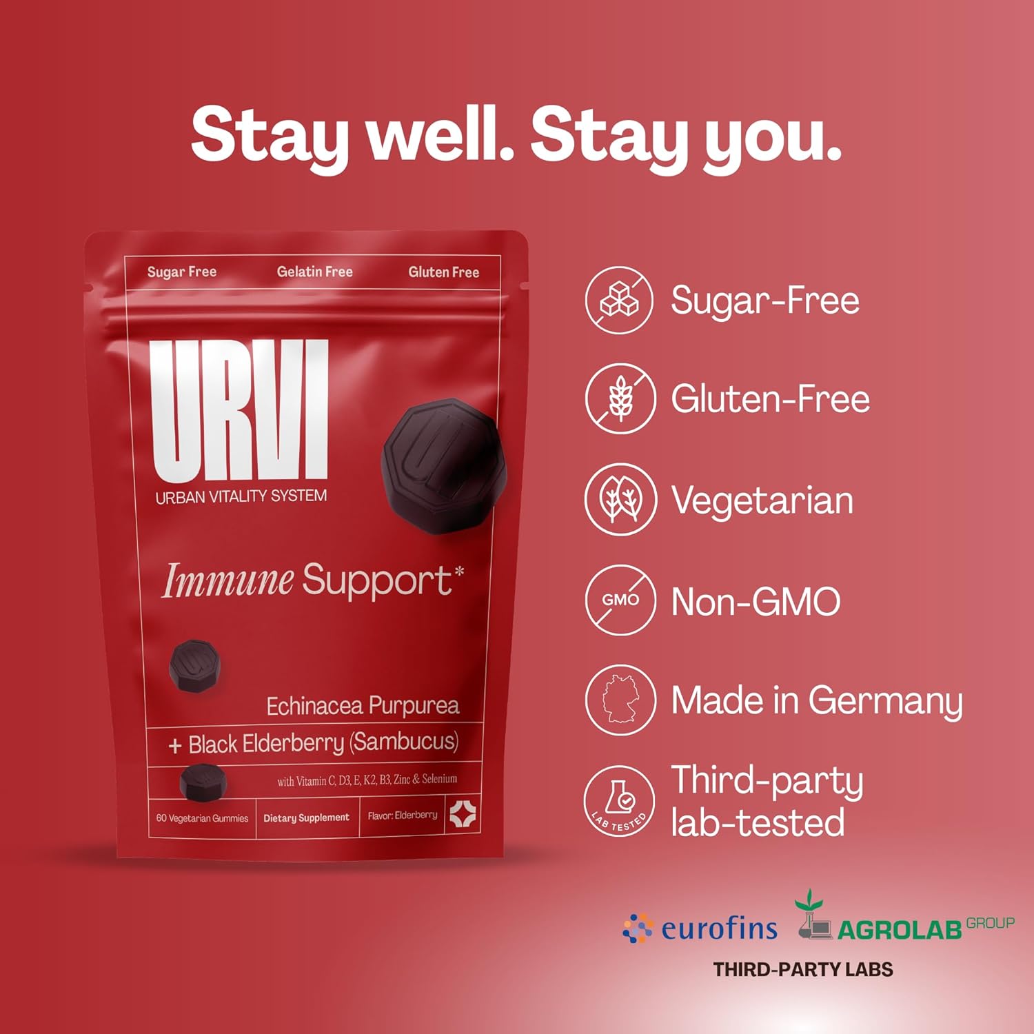 URVI® Immune Support Gummies 9-in-1 - Echinacea, Elderberry, Vitamin C, D3 K2, E, Niacin, Zinc & Selenium - Multivitamin, Antioxidants, Immunity Supplement - Vegetarian & Sugar Free - 60 Count