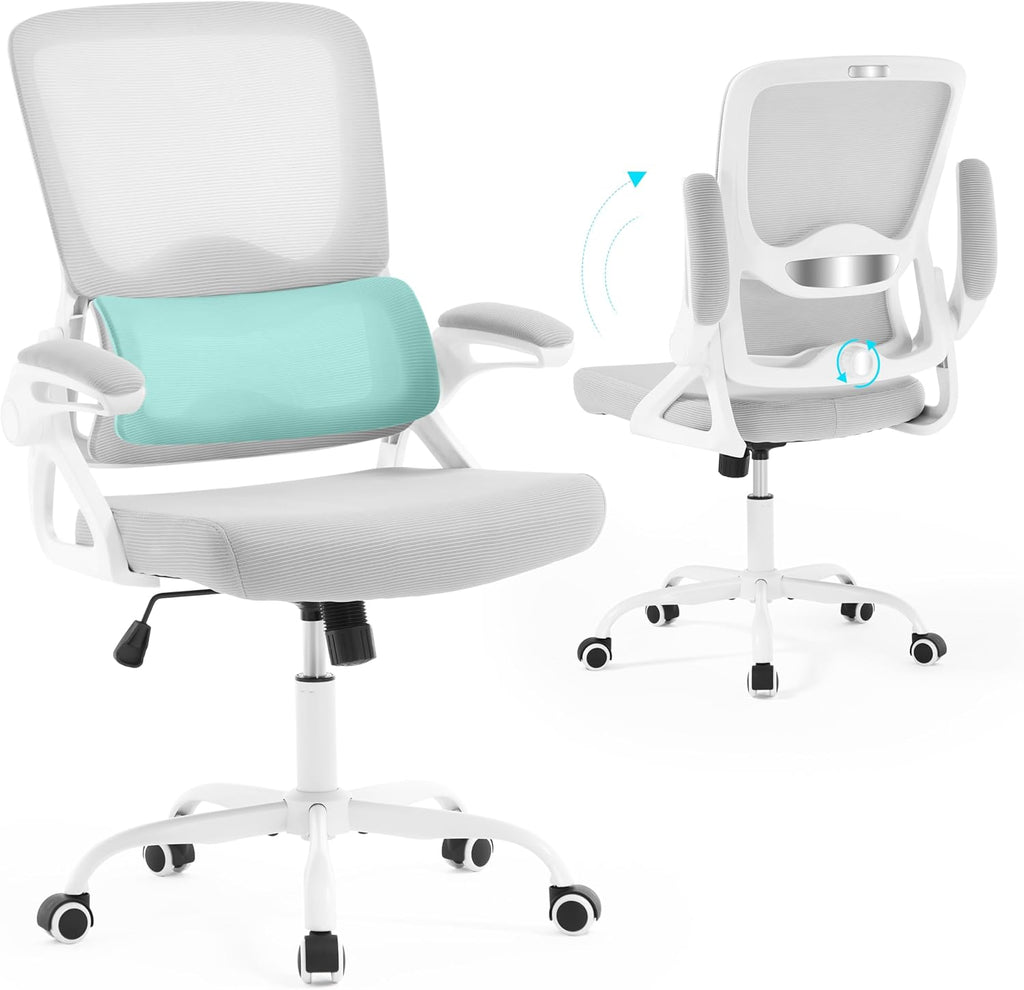 Ergonomic Office Chair,Mesh Office Chair with Lumbar Support,Mid Back Desk Chair with Flip-up Arms,400 lbs Comfy Computer Chair for Home Office (Light Grey)