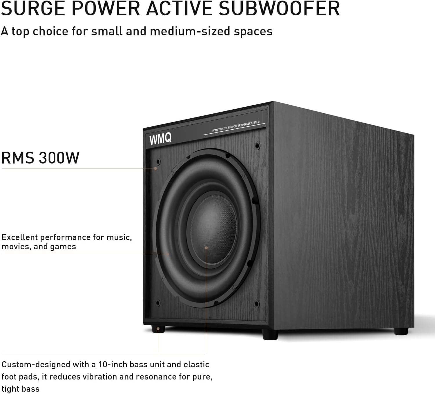 10" Powered Home Subwoofer, 300W RMS, High-Fidelity Bass, MDF Enclosure with Heat Sink