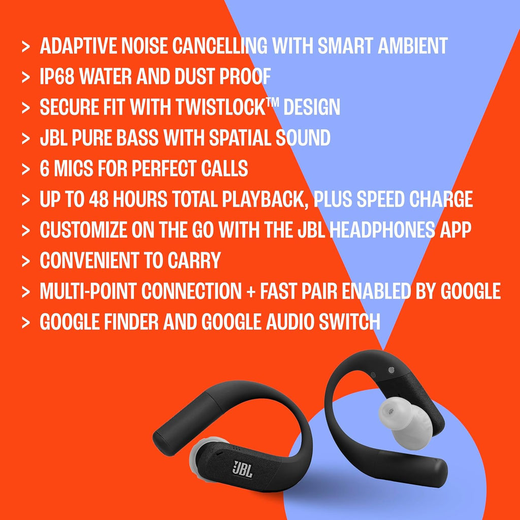 JBL Endurance Peak 4 - True Wireless Noise Cancelling Sport Earbuds, Up to 48Hrs total playback, water & dust proof (IP68), Secure fit with TwistLock™ design, & 6 mics for perfect calls (White/Orange)