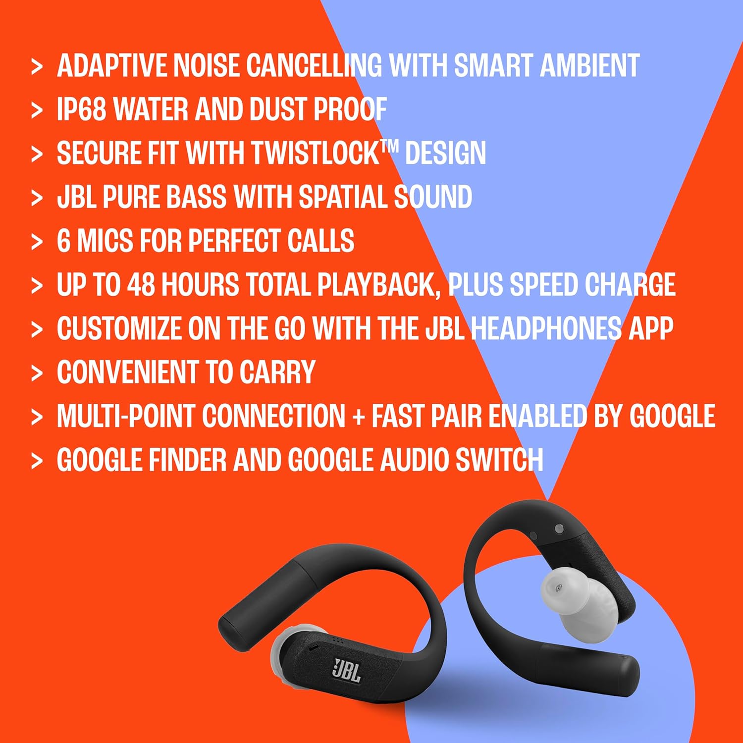 JBL Endurance Peak 4 - True Wireless Noise Cancelling Sport Earbuds, Up to 48Hrs total playback, water & dust proof (IP68), Secure fit with TwistLock™ design, & 6 mics for perfect calls (White/Orange)