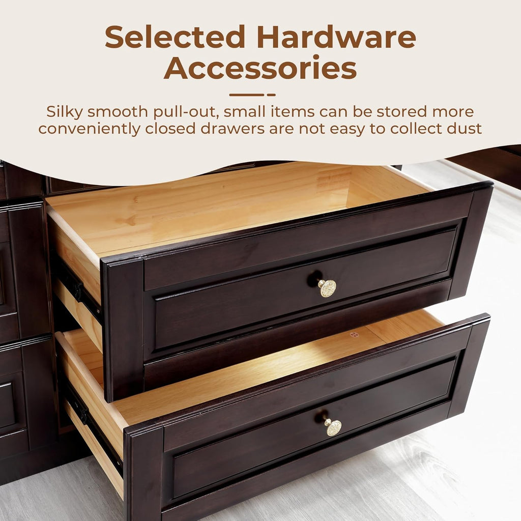 Solid Wood Armoire Wardrobe Closet: 70.87"Large Wardrobe Cabinet Storage,Clothes Organizer with Mirror,Doors,Shelves,Hanging Rods and Drawers,American Style Freestanding Bedroom Brown Black Finish
