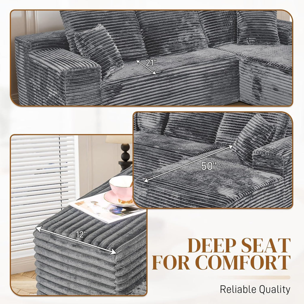 108" L Shaped Boneless Sectional Couches for Living Room, Comfy Corduroy Floor Cloud Sofa with Chaise, Wide Armrest, Deep Seat, Memory Foam, Assembly Free, Ideal for Small Spaces, Grey