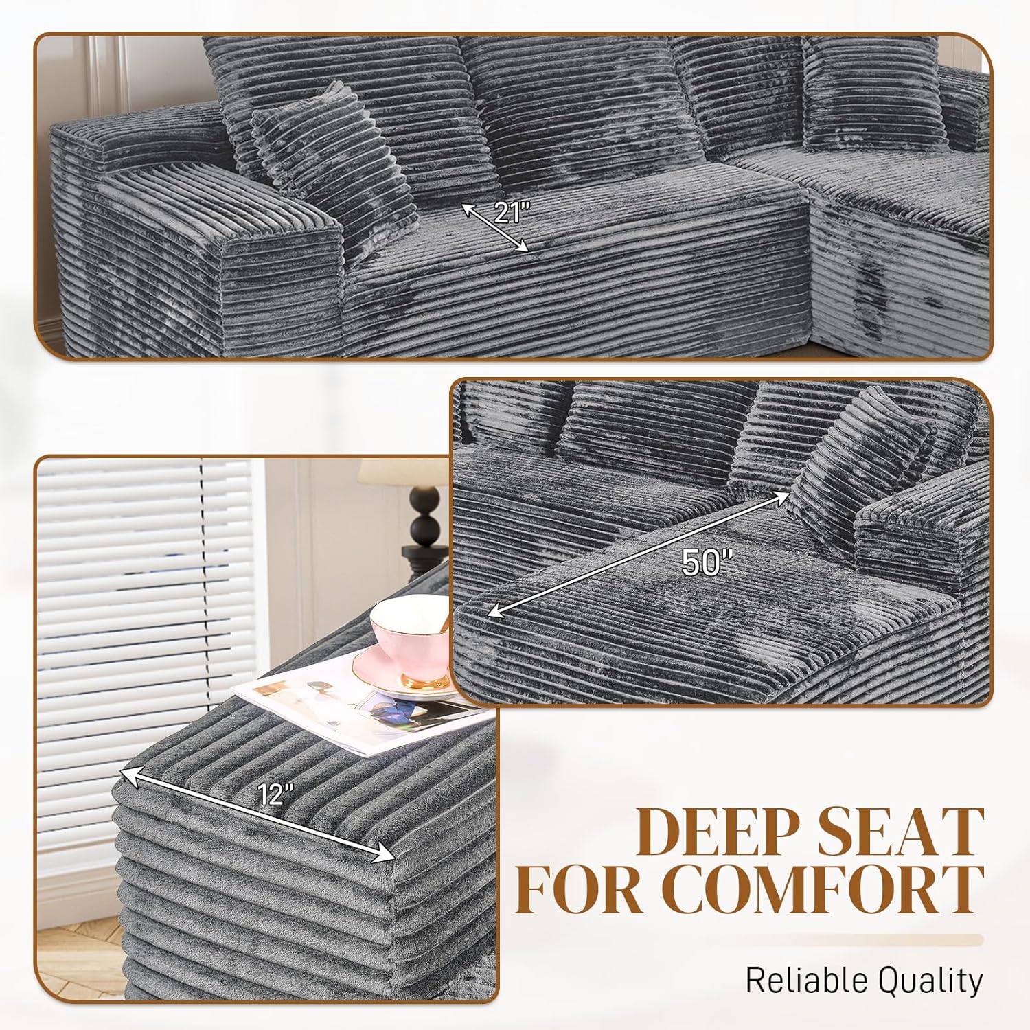 108" L Shaped Boneless Sectional Couches for Living Room, Comfy Corduroy Floor Cloud Sofa with Chaise, Wide Armrest, Deep Seat, Memory Foam, Assembly Free, Ideal for Small Spaces, Grey