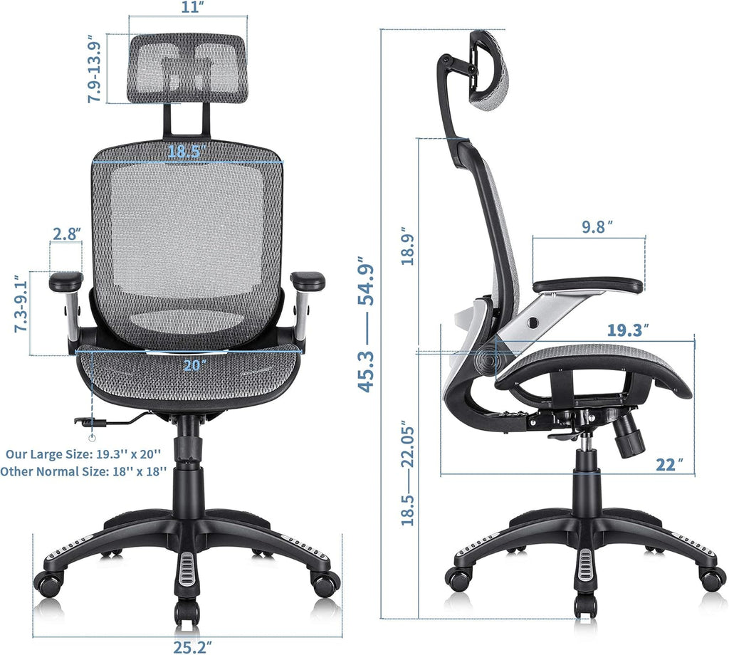 GABRYLLY Ergonomic Office Chair, High Back Home Desk Chair with Headrest, Flip-Up Arms, 90-120° Tilt Lock and Wide Cushion, Big and Tall Mesh Chairs for Man Woman, Grey Task Chair