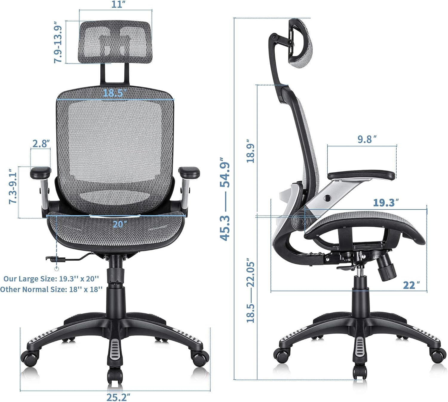 GABRYLLY Ergonomic Office Chair, High Back Home Desk Chair with Headrest, Flip-Up Arms, 90-120° Tilt Lock and Wide Cushion, Big and Tall Mesh Chairs for Man Woman, Grey Task Chair