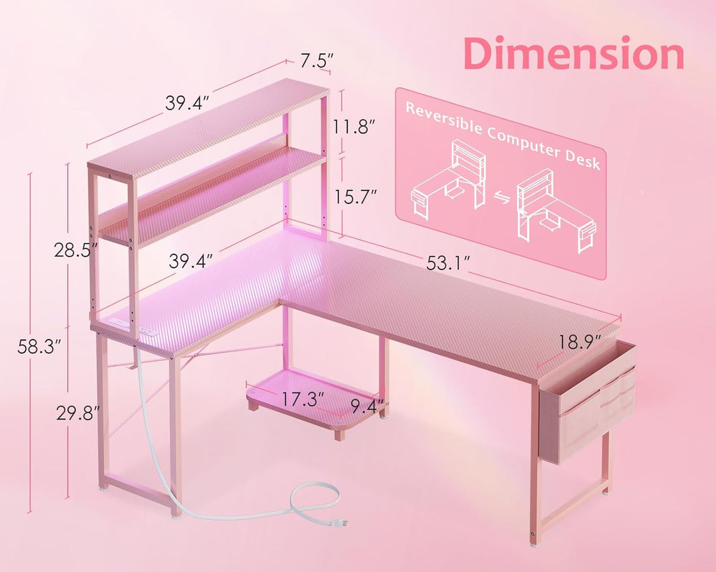 ODK 53 Inch L Shaped Desk with LED Lighting, Reversible Gaming Desk with Power Outlets, Cornor Computer Table with Storage Shelves & Bag & Iron Hook, Home Office Table for Writing, Study, Pink
