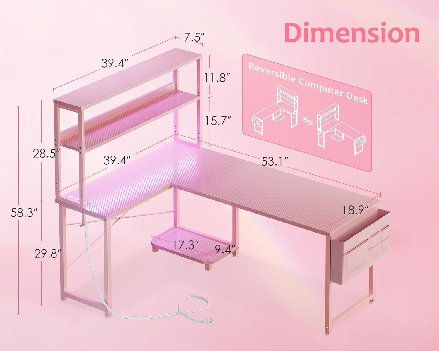ODK 53 Inch L Shaped Desk with LED Lighting, Reversible Gaming Desk with Power Outlets, Cornor Computer Table with Storage Shelves & Bag & Iron Hook, Home Office Table for Writing, Study, Pink