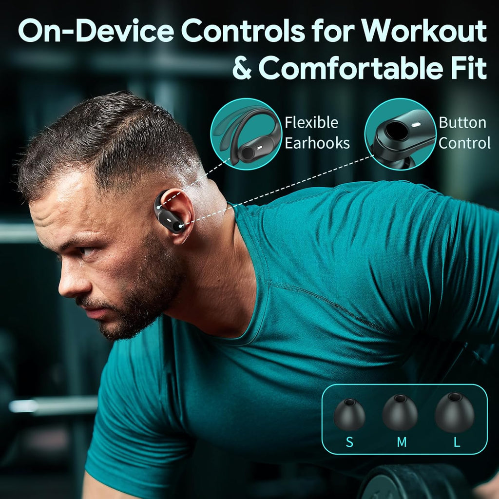 Active Noise Cancelling Wireless Earbuds Bluetooth Headphones 80H Playtime Ear Buds with Power Display Case Hi-Res Sound & Clear Calls Over Ear Hooks Earphones for Sports Running Gym Workout Black