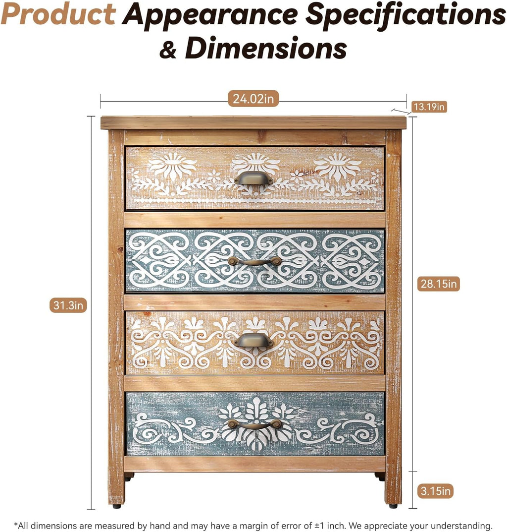 Boho Small Accent Cabinet with Hand-Painted Floral Drawers | Rustic Wood Storage Cabinet with 4 Drawers | Decorative Entryway Cabinet for Living Room, Dining Room, Kitchen | Solid Fir Wood Frame