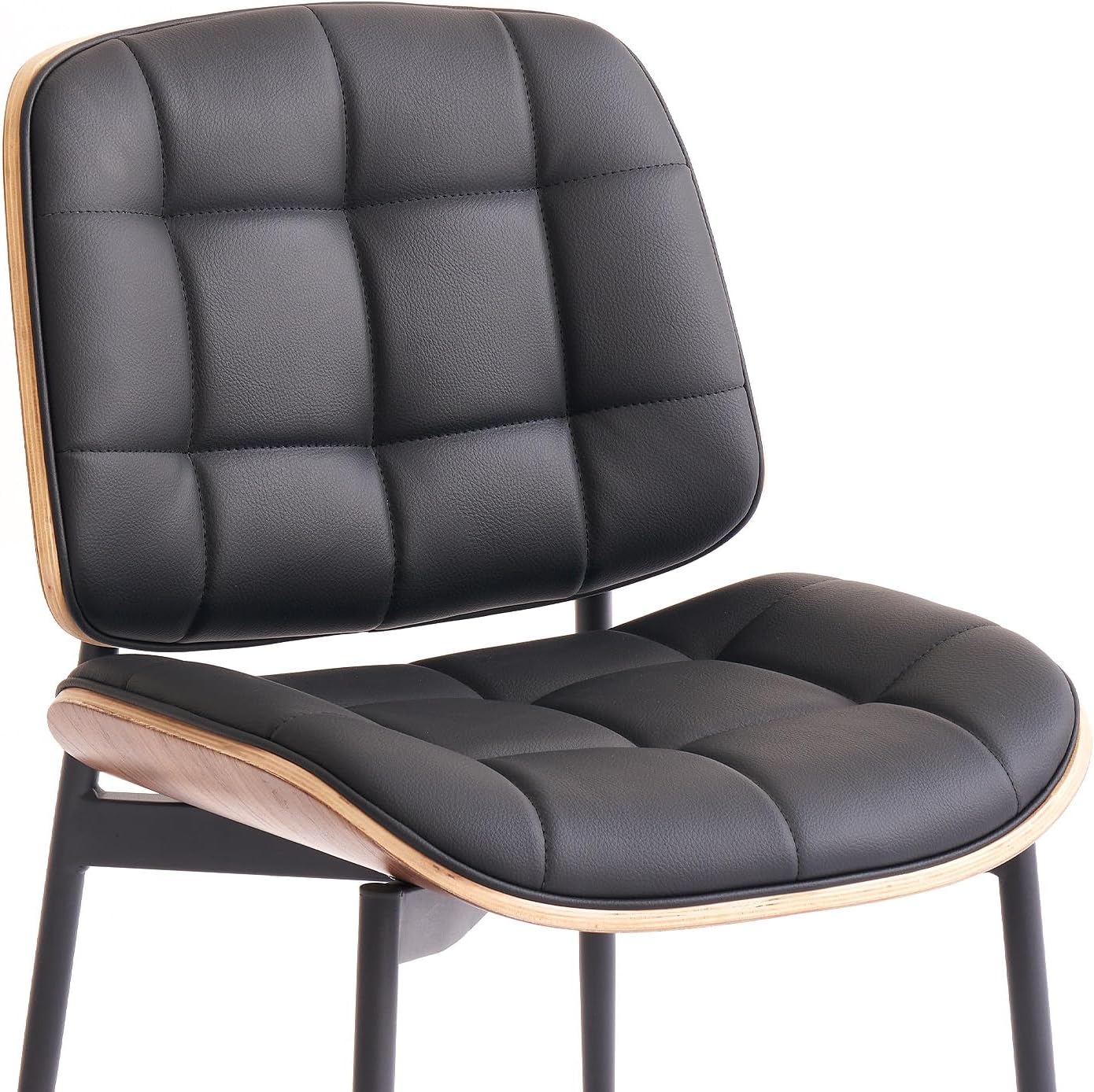 GrandNoor Mid Century Modern Dining Chairs with Walnut Grain Back, Black Faux Leather Dining Room Chairs Set of 4, Checkered Soft Cushion Kitchen Chairs with Adjustable Foot Pads
