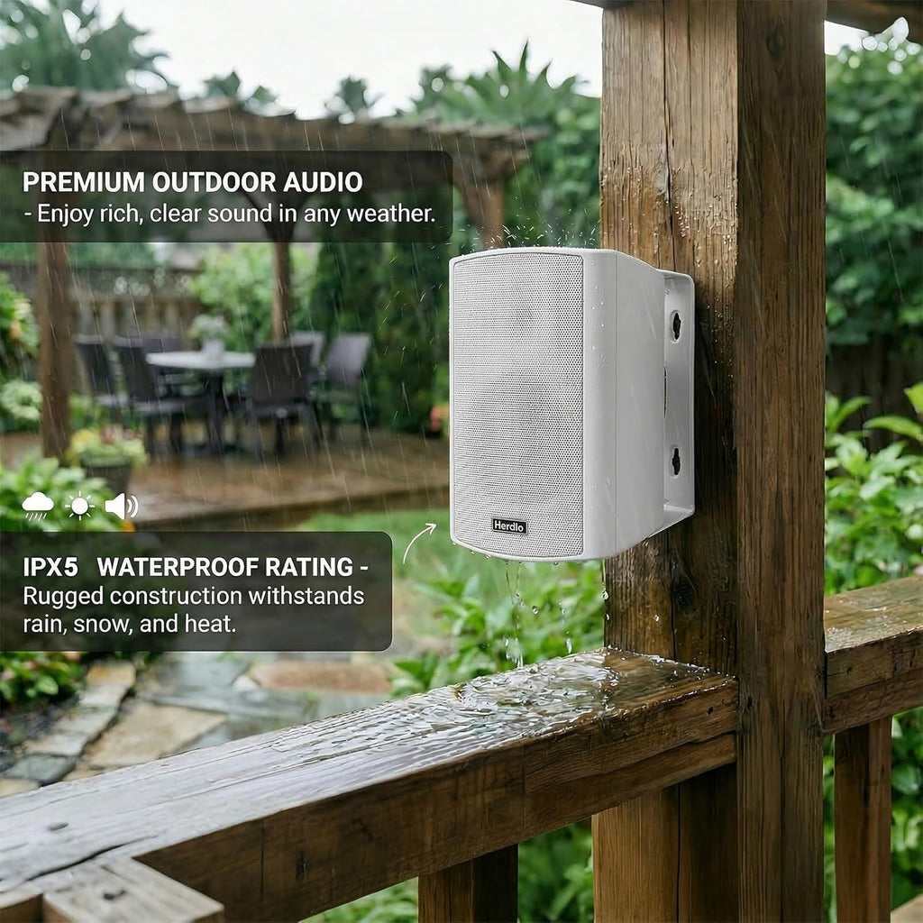 Herdio 6.5" 400W Outdoor Bluetooth Speakers, IPX5 Waterproof Rating and Be Able to Wireless Multi-Connection Up to 20 Units for Patio/Porch/Balcony (White, 2-Pack)