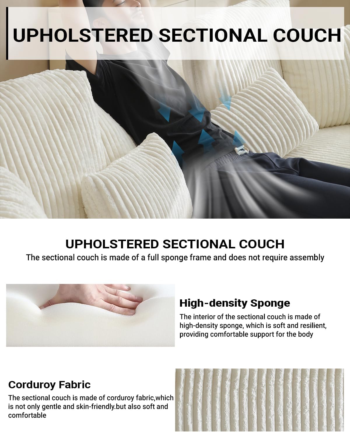110” Modular Sectional Sofa, Cloud Sectional Couch with Deep Seat, Upholstered Boneless Couches for Living Room, Modern Modular L-Shape Sofa Couch with Chaise (Beige, 110" Left Facing Chaise)