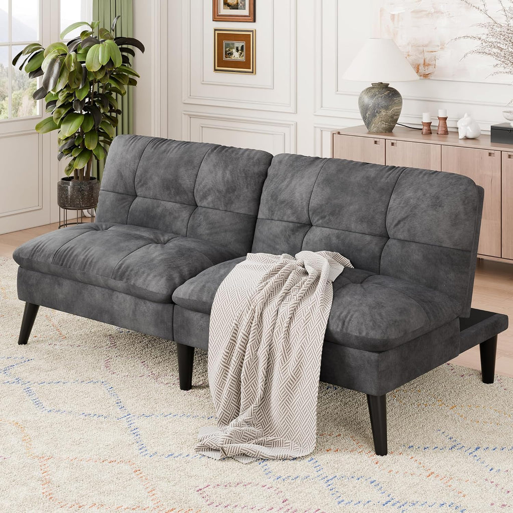Vongrasig Futon Sofa Bed Velvet Futon Couch with Adjustable Backrest, Small Convertible Folding Sleeper Sofa Bed, Modern Loveseat for Living Room, Bedroom and Small Space, Gray