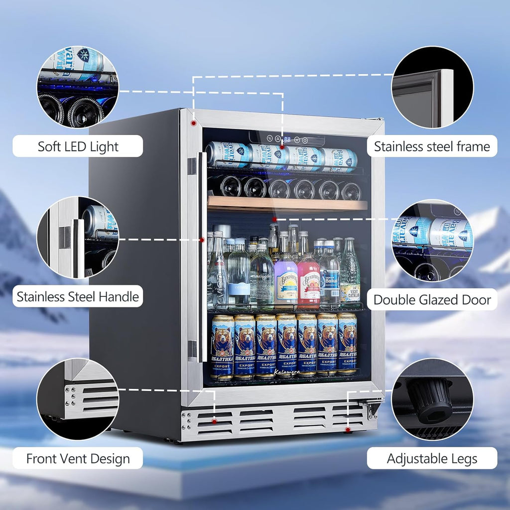 Kalamera Mini Fridge 24 Inch Undercounter Beverage and Wine Cooler Refrigerator Built-in or Freestanding - 118 Cans & 15 Bottles Capacity with LED Light Glass Door