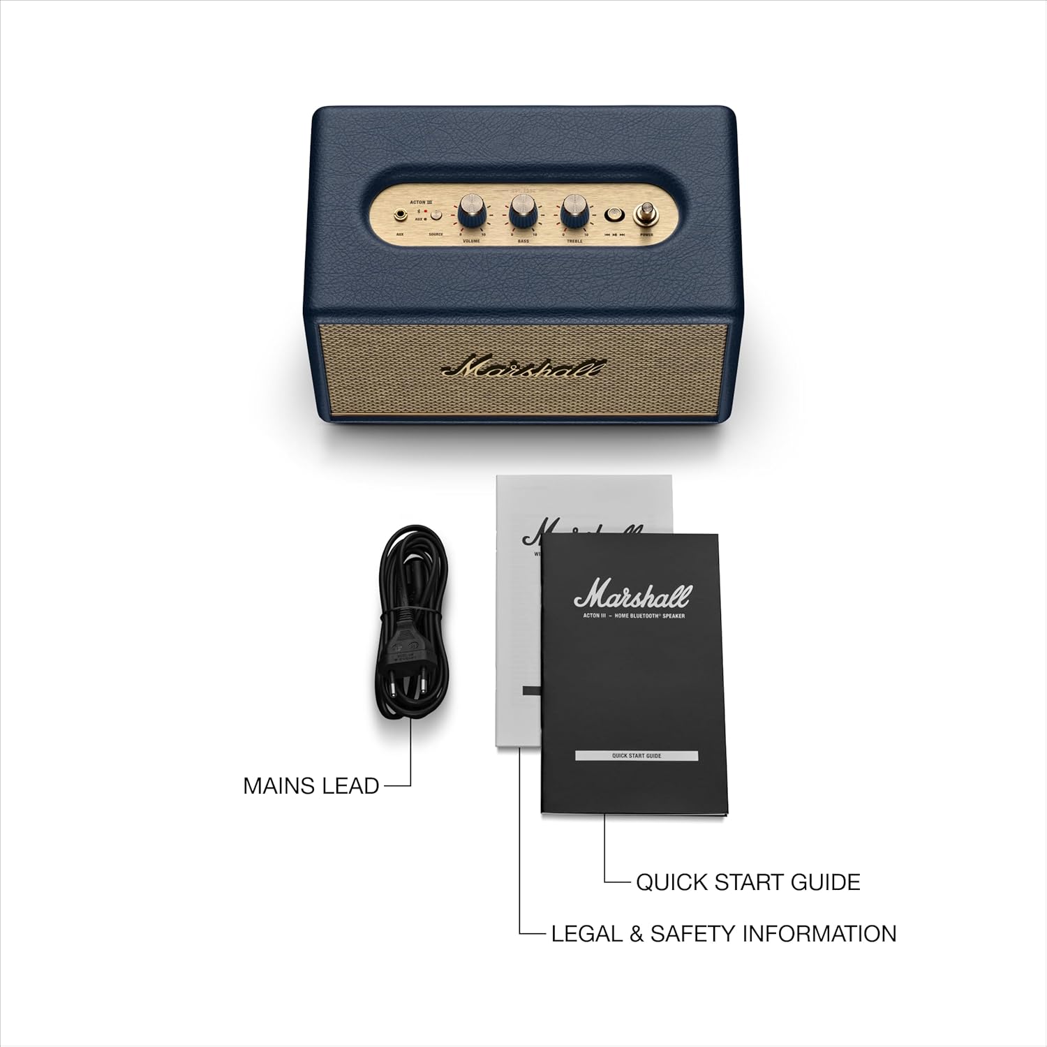 Marshall Acton III Bluetooth Home Speaker - Loud Stereo Sound with Bass and Treble Controls | Plug-in Powered | 3.5 mm Aux Input - Midnight Blue