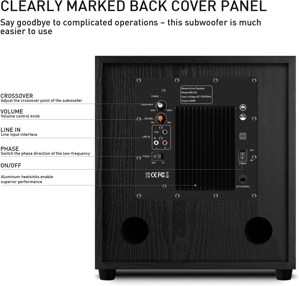 10" Powered Home Subwoofer, 300W RMS, High-Fidelity Bass, MDF Enclosure with Heat Sink