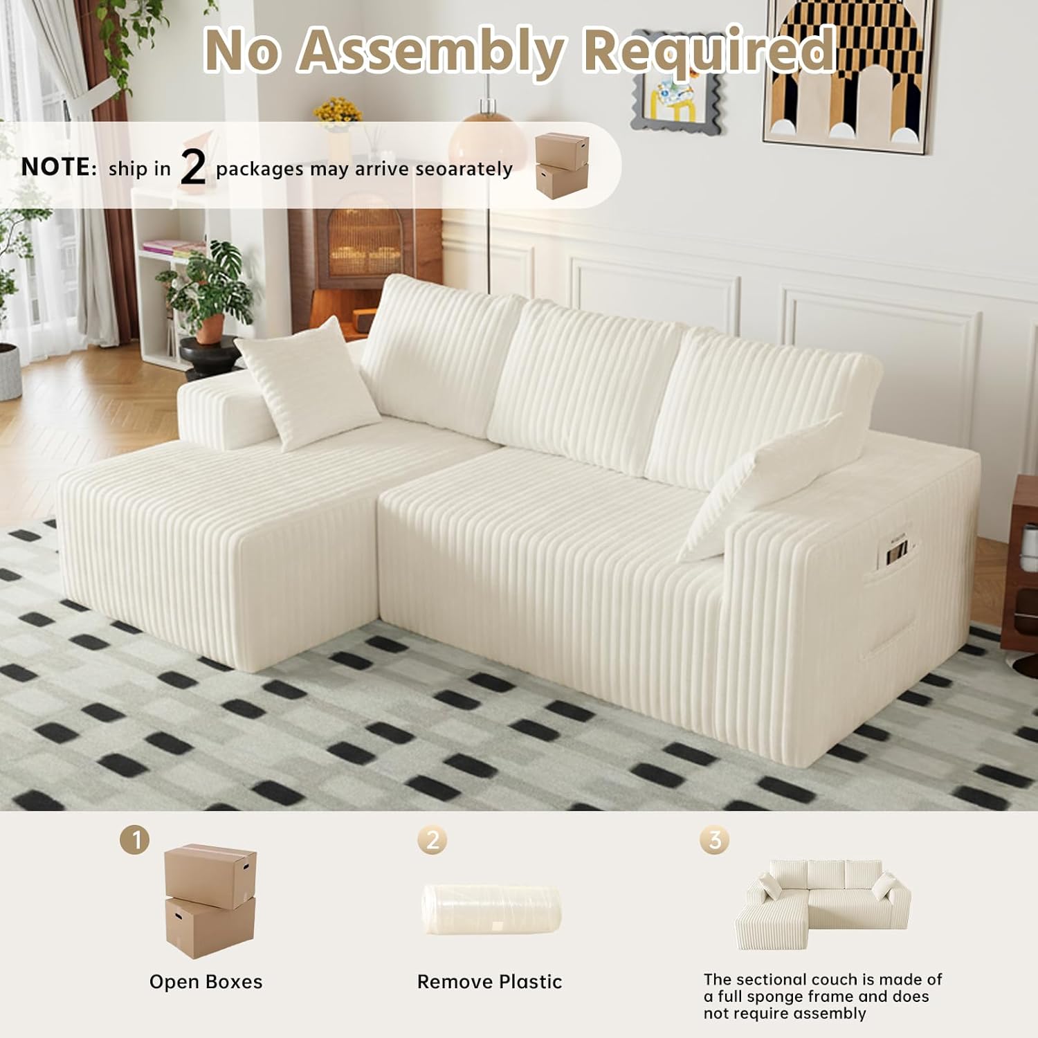 Beige Boneless Cloud Couches for Living Room L Shapes 3 Seater Sectional Sofa with Chaise Lounge, Comfy Flannel Fabric Memory Foam Couch Including Throw Pillow and Backrest - Removable Washable, 96"