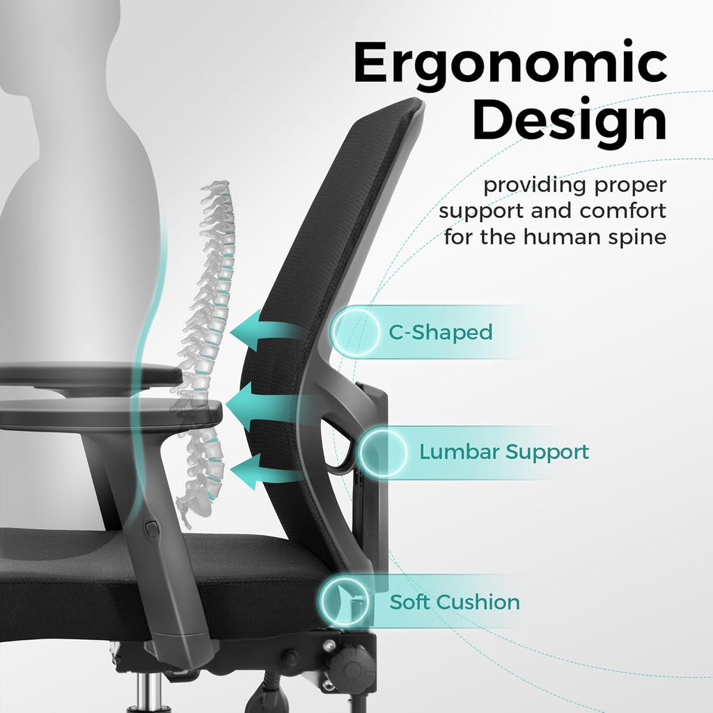 ALPHA HOME Office Chair Ergonomic, Mid Back Mesh Computer Chair with Lumbar Support Executive Stool with Adjustable Armrest & Seat Cushion, BIFMA & SGS Certified