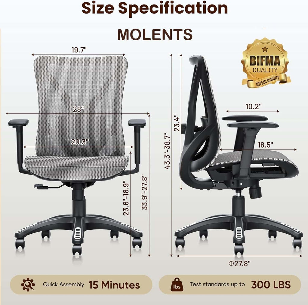 Ergonomic Office Chair, Mesh Computer Desk Chairs with Adjustable Lumbar Support, 3D Armrest, Tilt Function, Comfy Wide Seat, Executive Work Task Chair for Company & Home, Gaming Chair (Grey)