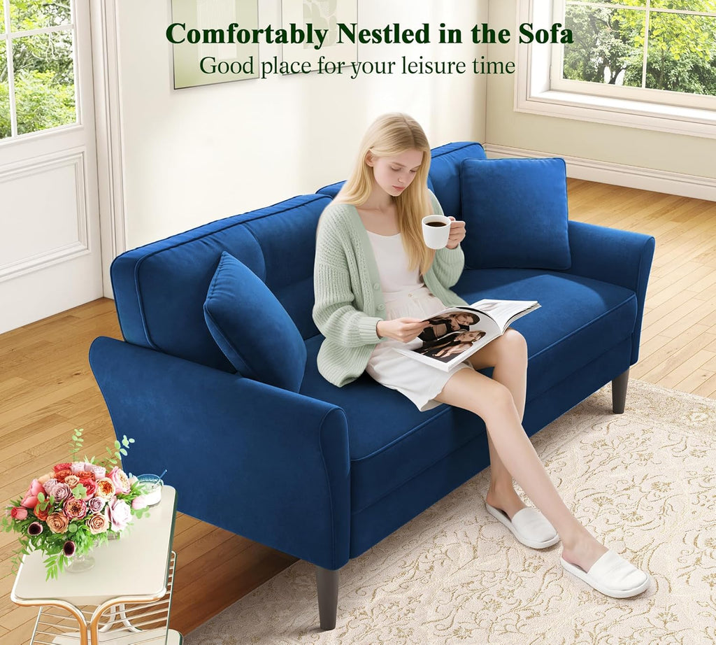 Loveseat Sofa, 69" Love Seat Couches, Comfy Velvet Small Couches for Small Spaces with 2 Pillows, Tool-Free Setup Sofas & Couches, 700lb Load Sofas for Living Room, Mini Couch for Bedroom, Blue Couch