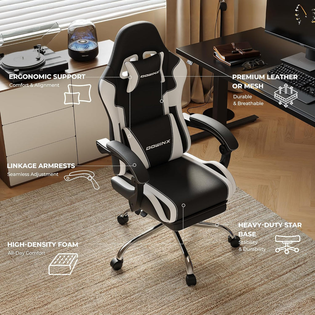 Dowinx Gaming Chair with Footrest, 330lbs Computer Chair 2D Lift Linkage Armrest, Massage Lumbar, Height Adjustable Ergonomic Comfy Video Game Chairs for Home Office Streaming, Long Gaming, White