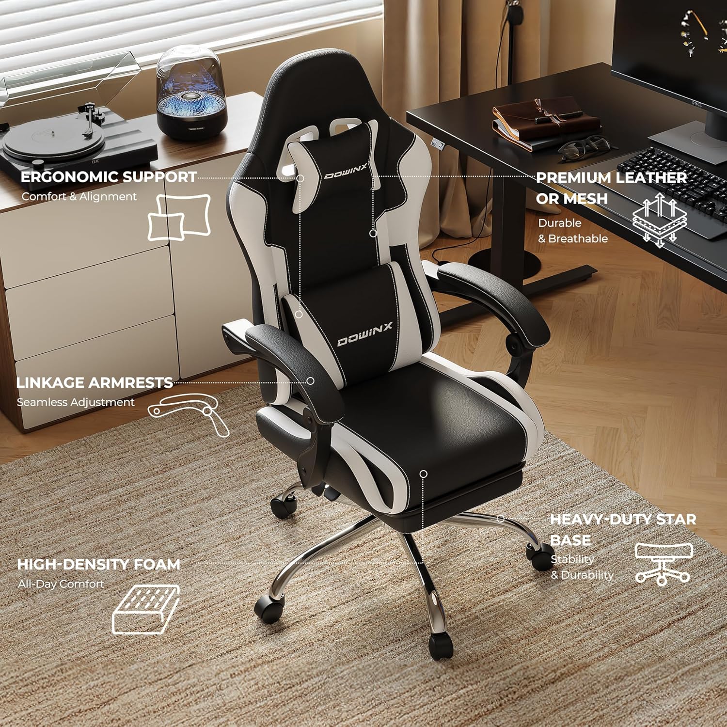Dowinx Gaming Chair with Footrest, 330lbs Computer Chair 2D Lift Linkage Armrest, Massage Lumbar, Height Adjustable Ergonomic Comfy Video Game Chairs for Home Office Streaming, Long Gaming, White