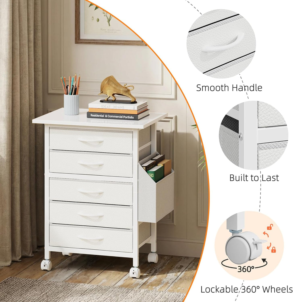 HIGDBFE 5 Fabric Drawers File Cabinet with Side Pocket, Rolling Printer Stand with Storage for Home Office, Wood Top Storage Cabinet for Documents and Crafts, White, 15" D
