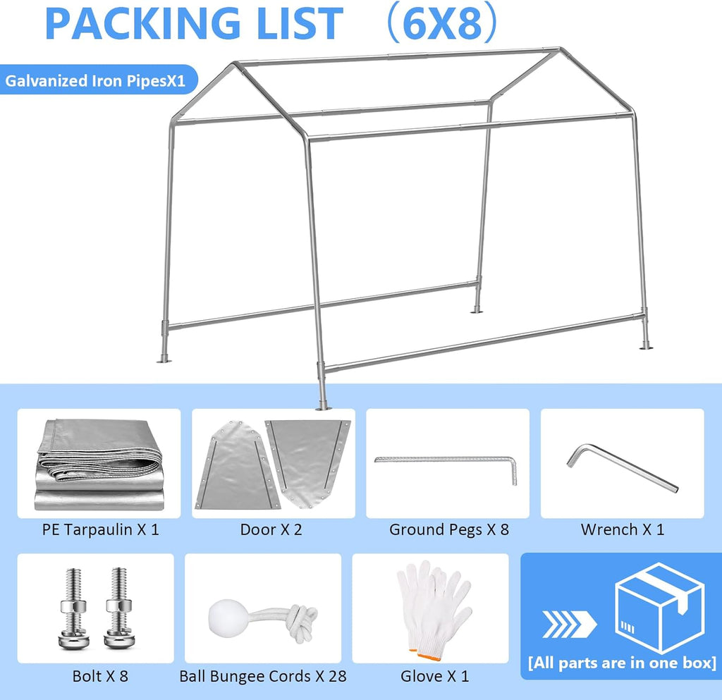 Jocoevol Carport 6x8 FT Enclosed Carport with Roll-up Windows, Portable Garage with Removable Sidewalls & Doors, Car Canopy Tent with Sandbags All-Season Tarp for Bike Motorcycle