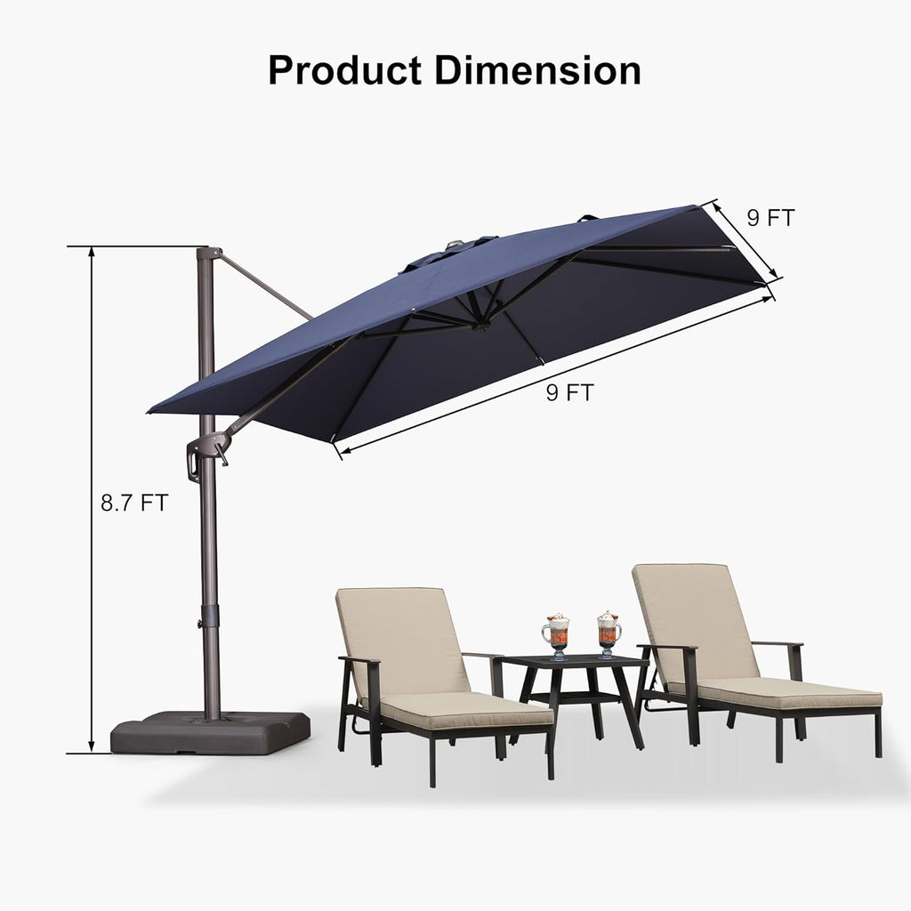 PURPLE LEAF 9' X 9' Patio Umbrella Antique Bronze Square Cantilever Umbrella Outdoor with 360° Rotation and Aluminum Offset Hanging for Pool Deck Garden Backyard, Navy Blue