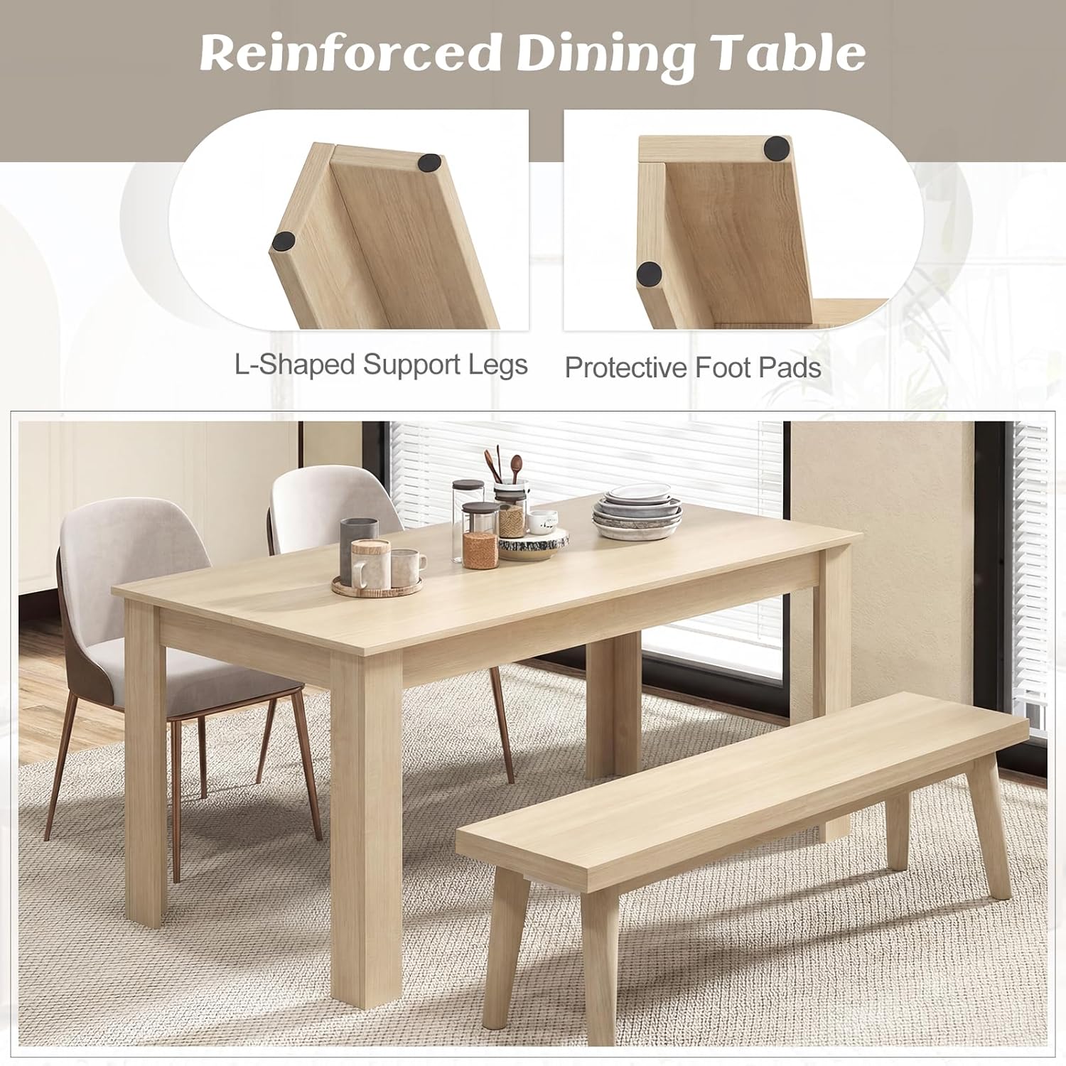 Giantex Dining Table for 4-6, 63" L Large Farmhouse Kitchen Table, Wooden Rectangular Dinner Table for Living Dining Room, Home Office, Dinette, 330LBS Capacity, Natural