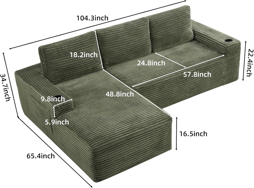 104" L Shaped Boneless Sectional Couches for Living Room, Comfy Corduroy Floor Cloud Sofa with Chaise and Cup Holder, Wide Armrest, Deep Seat, Assembly Free, Ideal for Small Spaces, Green