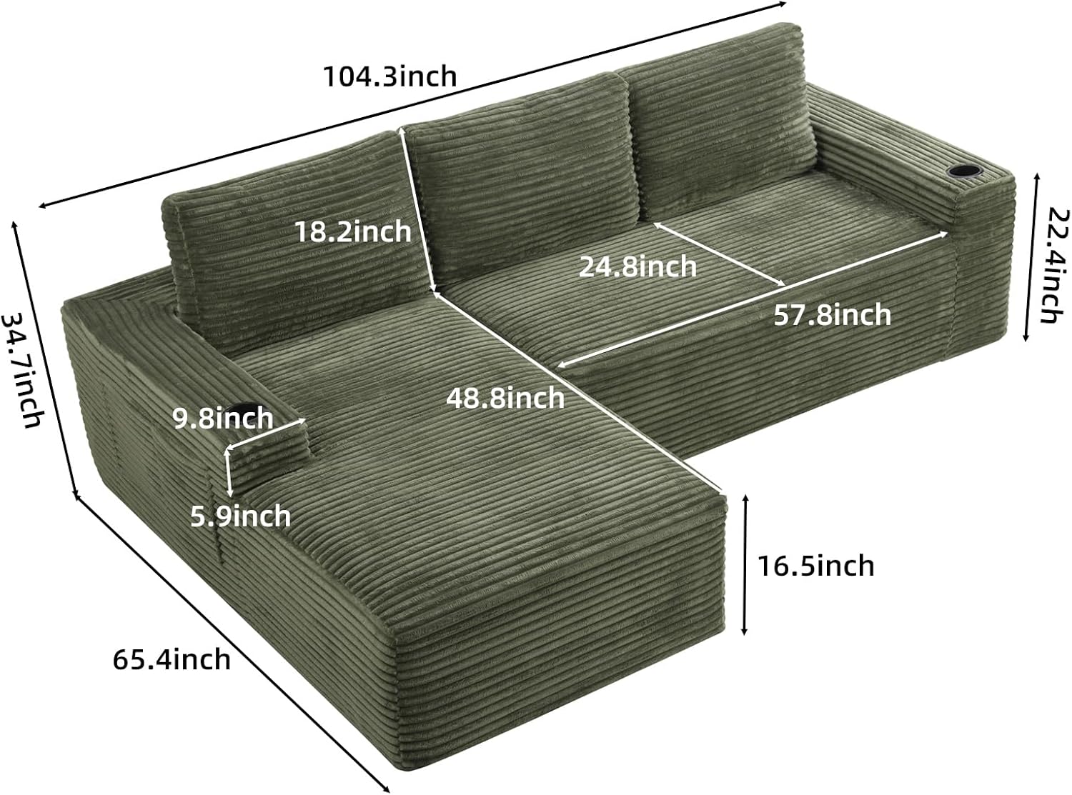 104" L Shaped Boneless Sectional Couches for Living Room, Comfy Corduroy Floor Cloud Sofa with Chaise and Cup Holder, Wide Armrest, Deep Seat, Assembly Free, Ideal for Small Spaces, Green