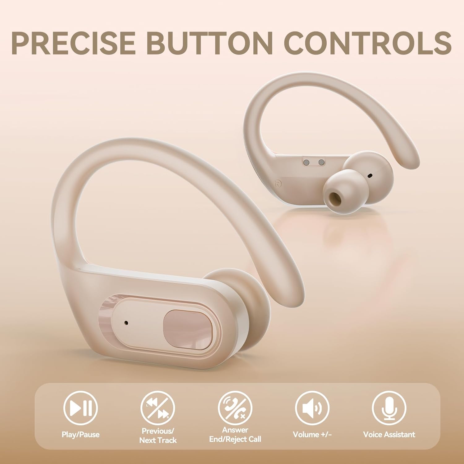 occiam Active Noise Cancelling Wireless Earbuds Bluetooth Headphones Ear Buds 96Hrs Playback Clear Call Waterproof Earphones with Ear Hook Microphones for Sport Running Off-White