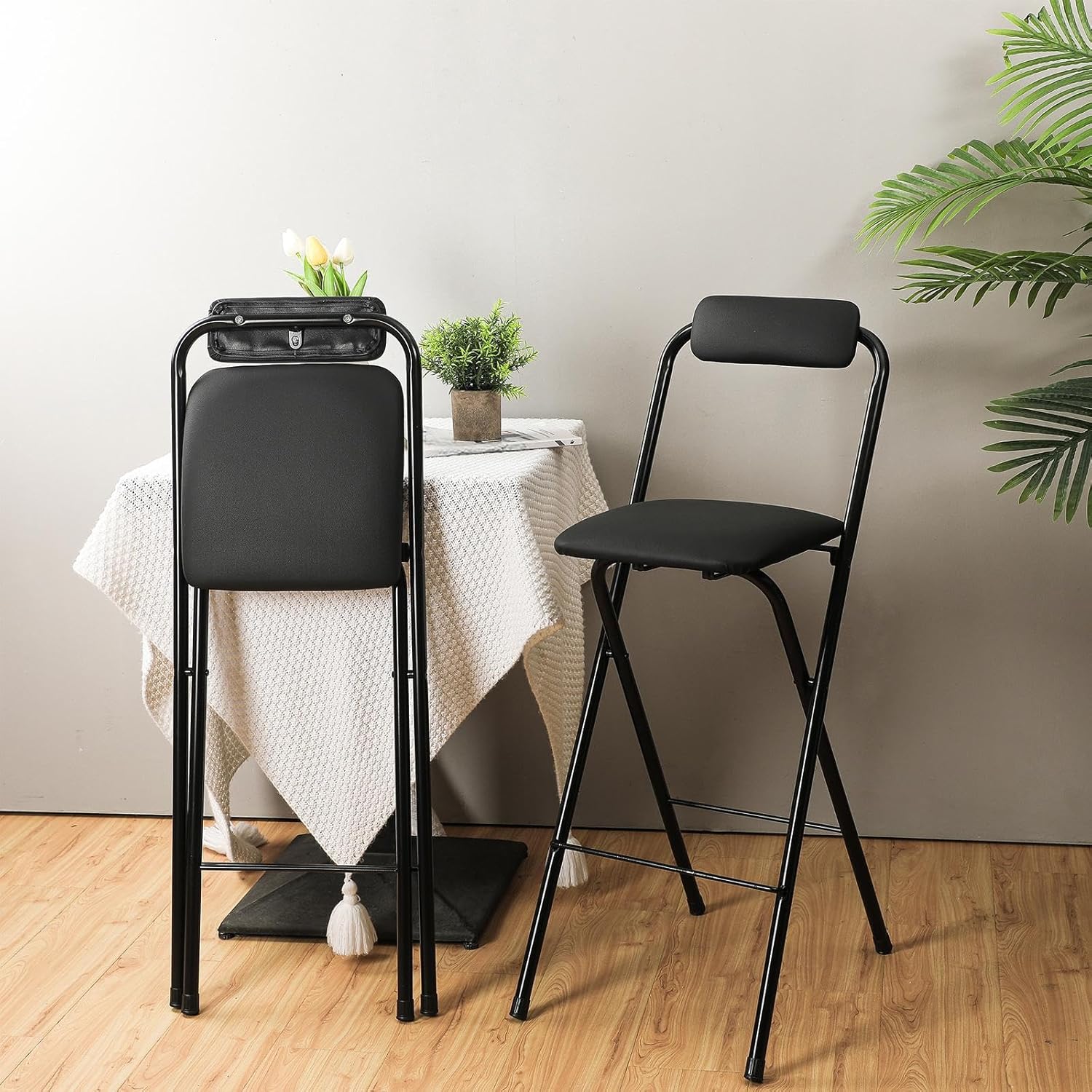 Thyle 2 Pcs Folding Bar Stool with Backrest, Tall Foldable Stool Chair Portable High Folding Bar Chair Counter Height Seat Leather Padded for Kitchen Island Shop Cafe Dining Room Black (27.5 Inch)