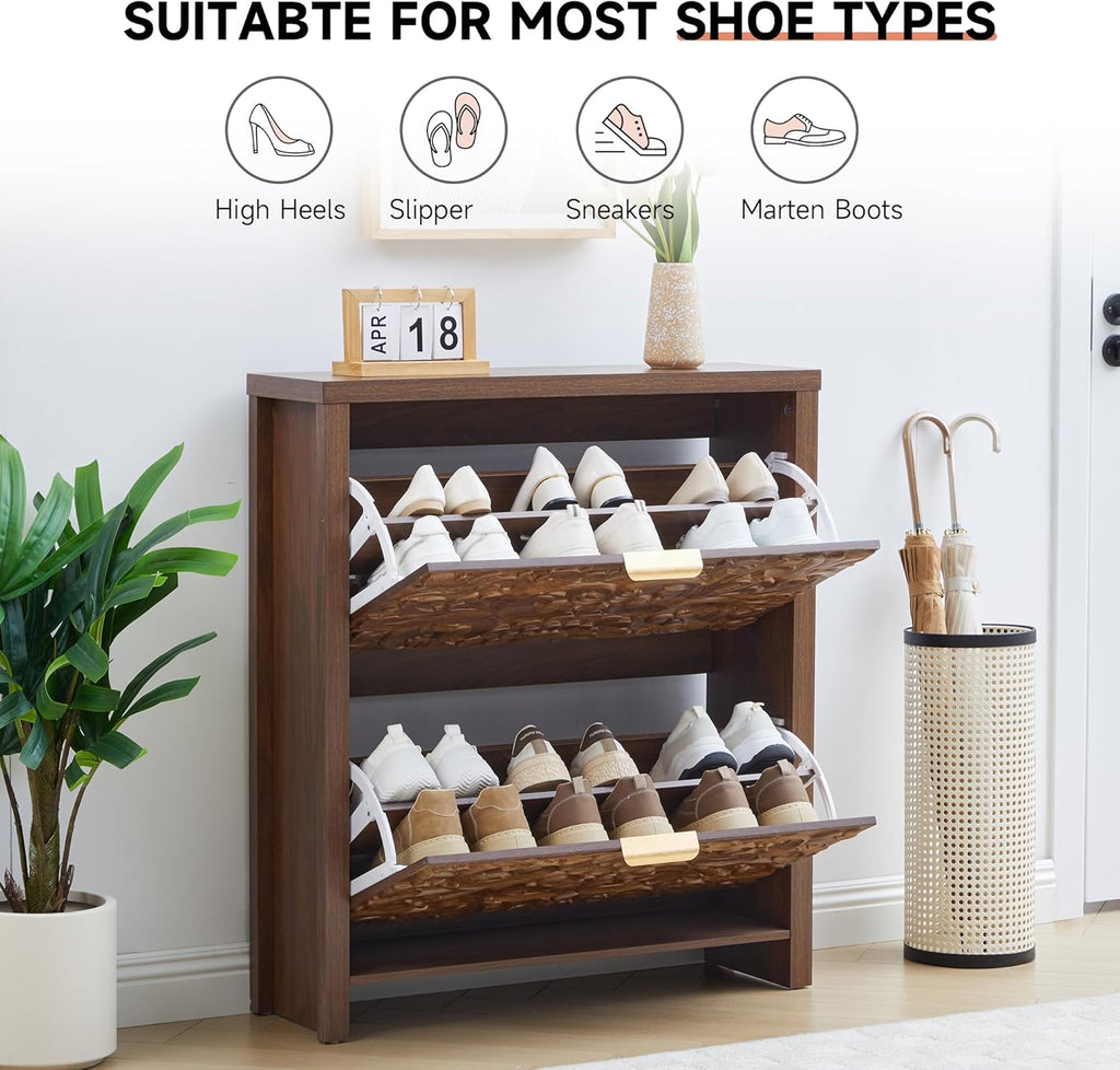 weselon Shoe Cabinet with Flip Drawers, Narrow Shoe Storage Cabinet, 2-Tier Hidden Shoe Organizer with Carved Floral for Entryway, Mid-Century Modern Slim Shoes Storage for Hallway Foyer (1, Walnut)